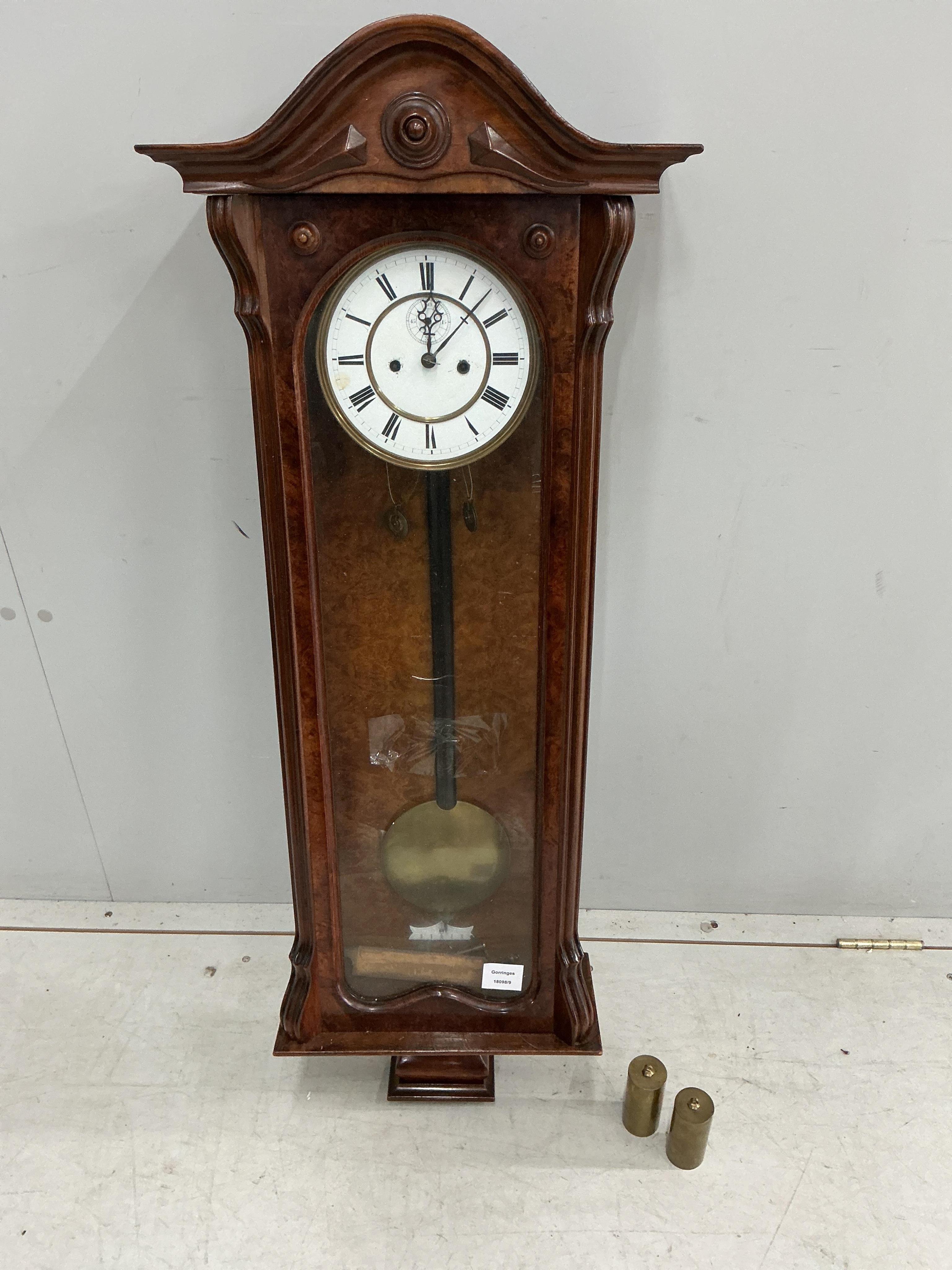 An early 20th century walnut Vienna regulator wall clock, height 104cm